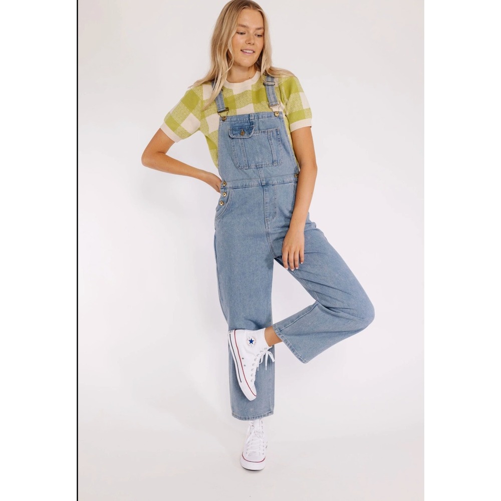Elloh Maeven Denim Overalls Womens L 90s Y2K Cottagecore Mom Fit Wide Leg
